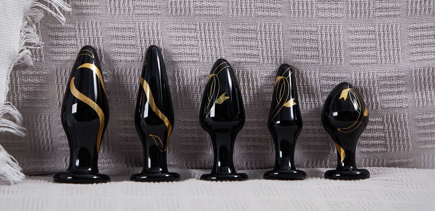 lovesvibe tragbarer breiter analplug aus glas für paare mit schwarzem gold analspielzeug 5 stück