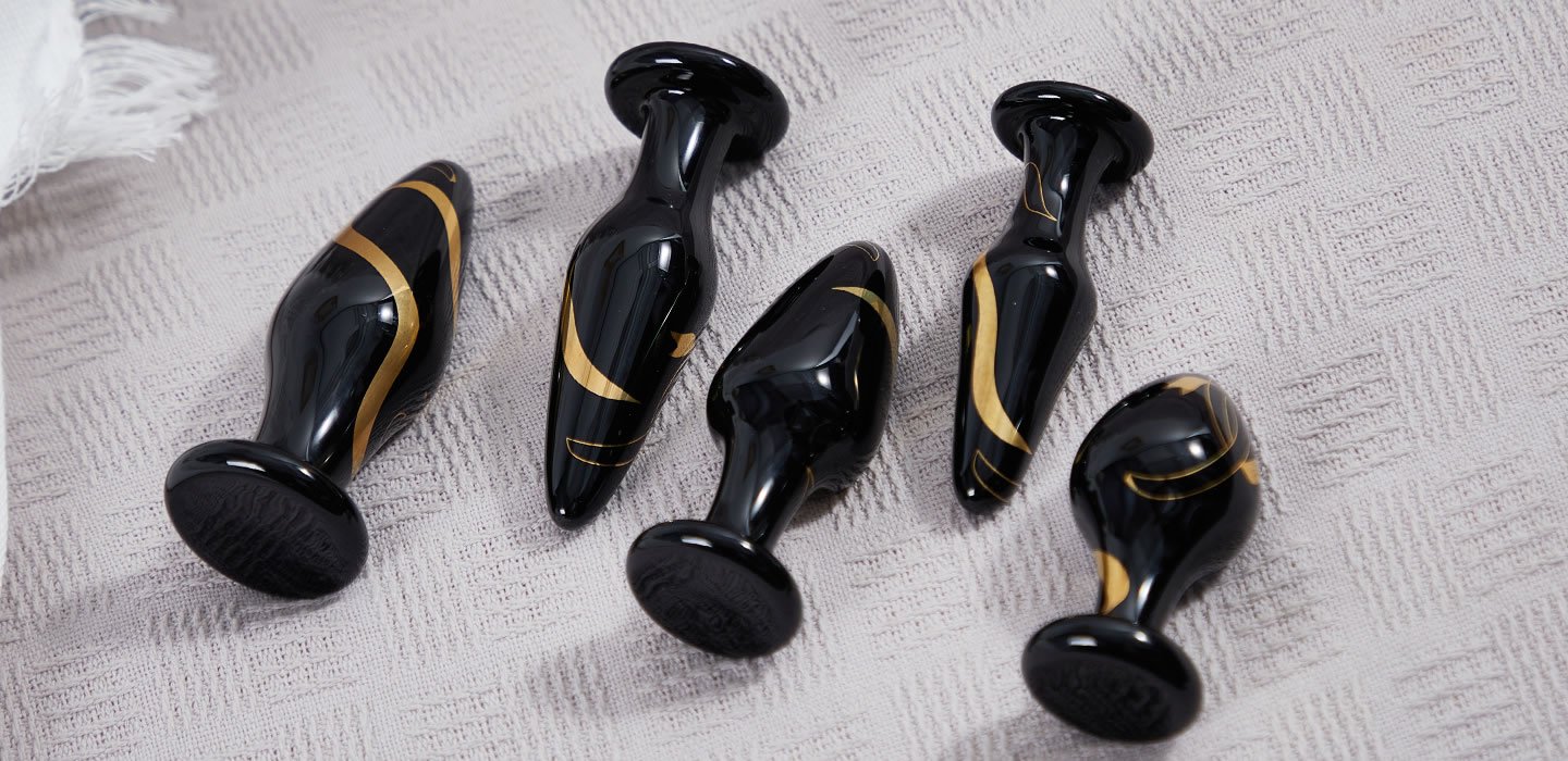 lovesvibe tragbarer breiter analplug aus glas für paare mit schwarzem gold analspielzeug 5 stück